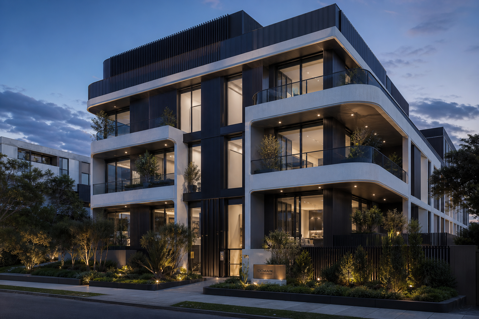 Contemporary luxury apartment exterior in Melbourne at blue hour