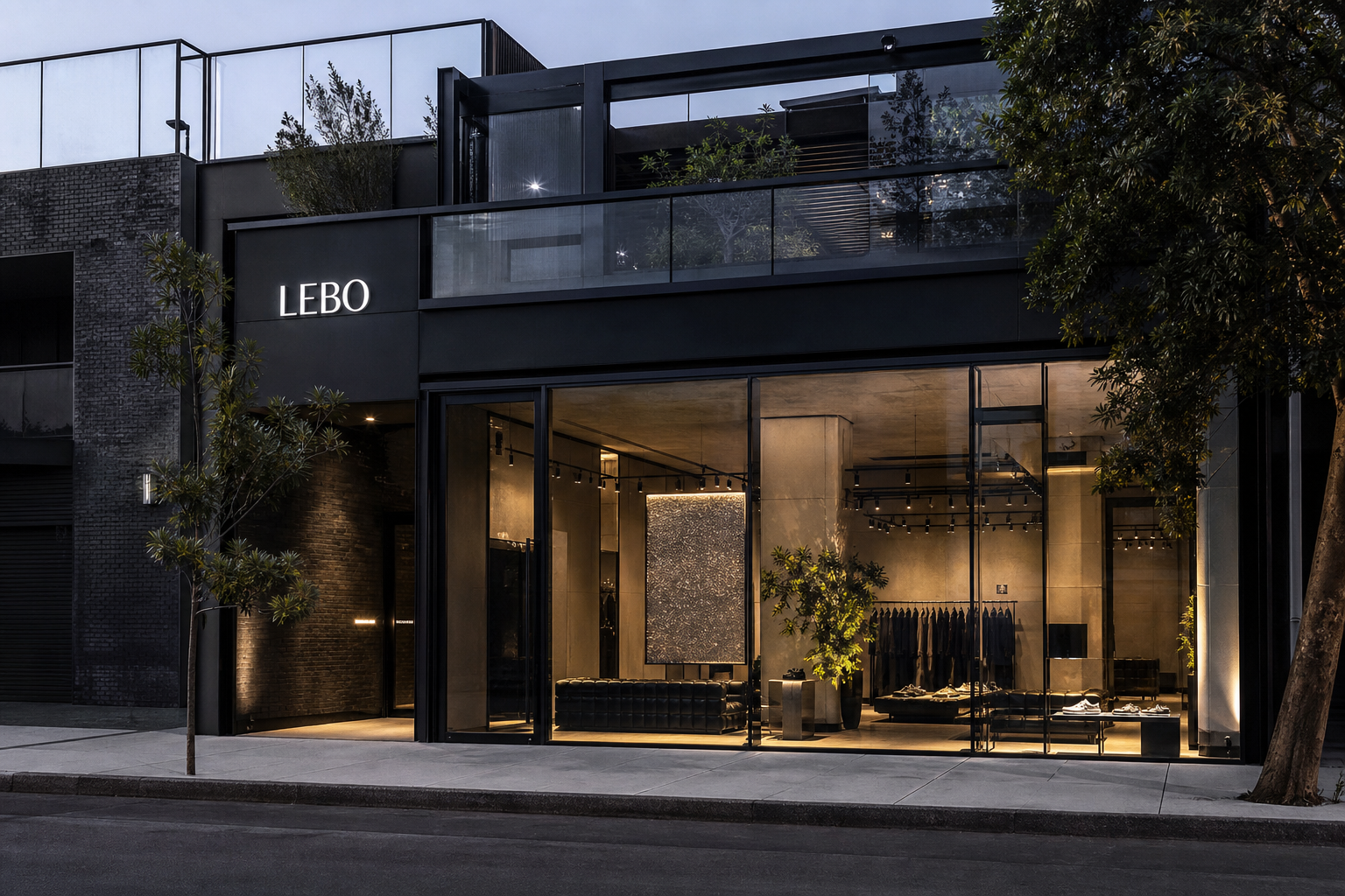 High-end retail shop front with charcoal steel framing and expansive glass